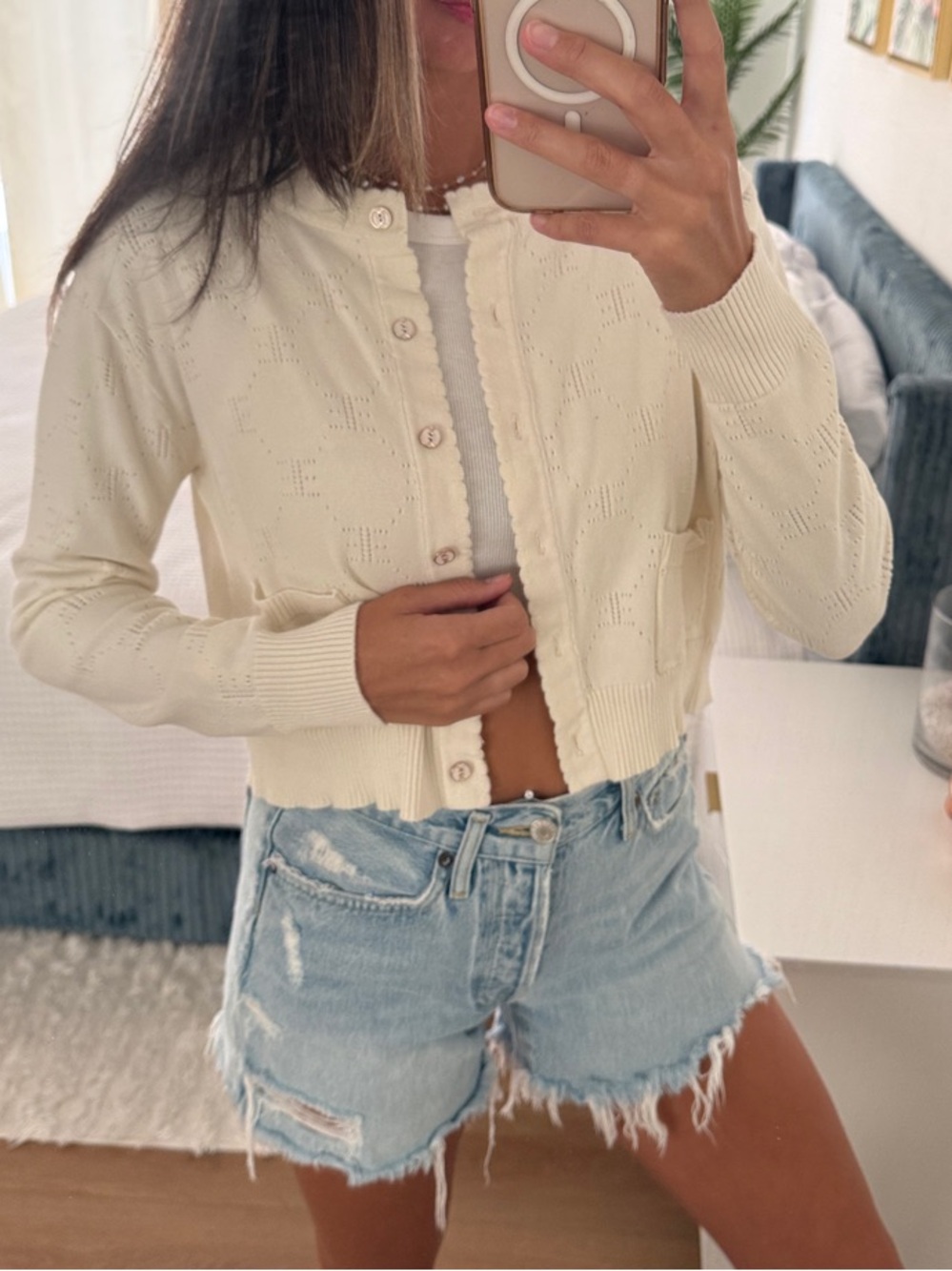 Cropped Cream Eyelet Knit Button-Front Cardigan